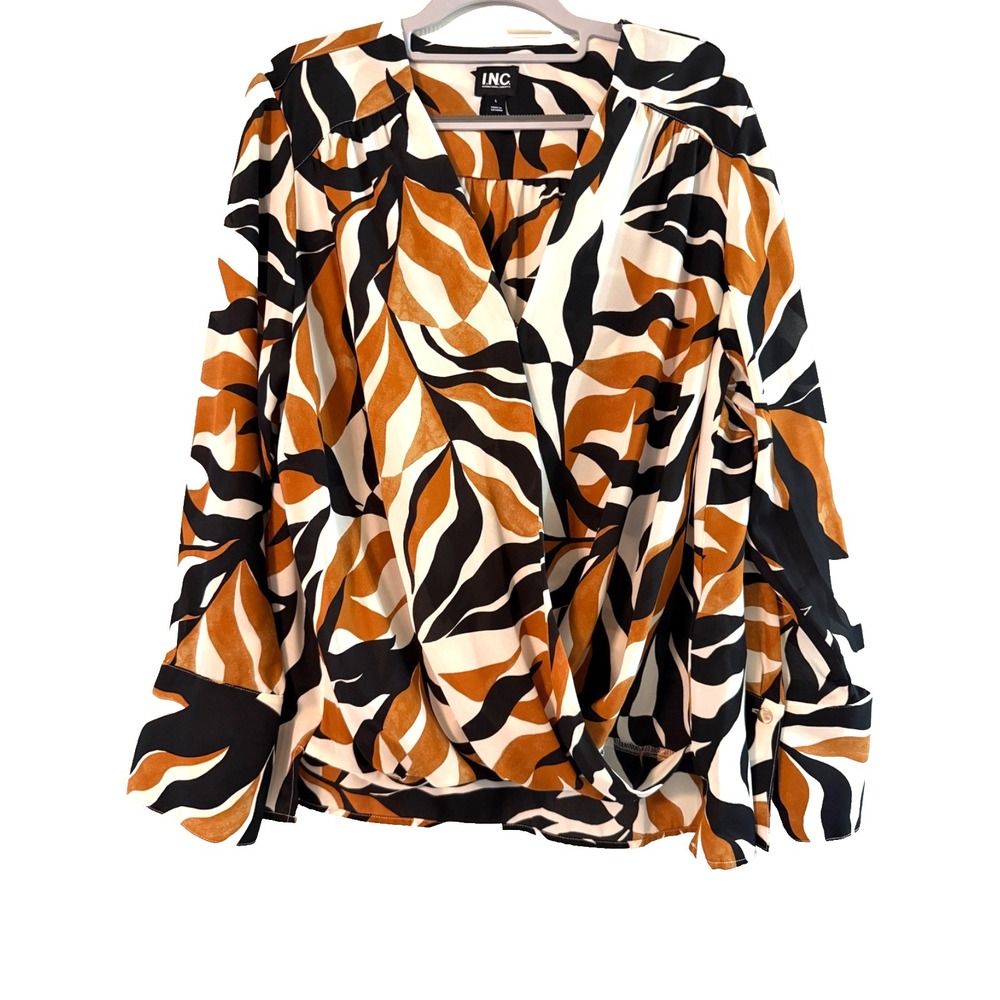 INC Women's Surplice Large Long Sleeve Blouse w/ Sheer Sleeves